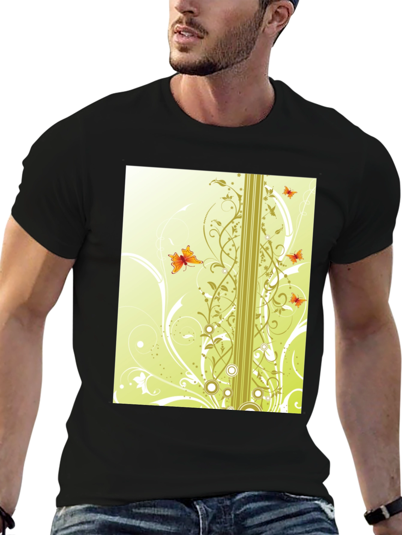 Stylish Black T-Shirt with Butterfly Vine Design