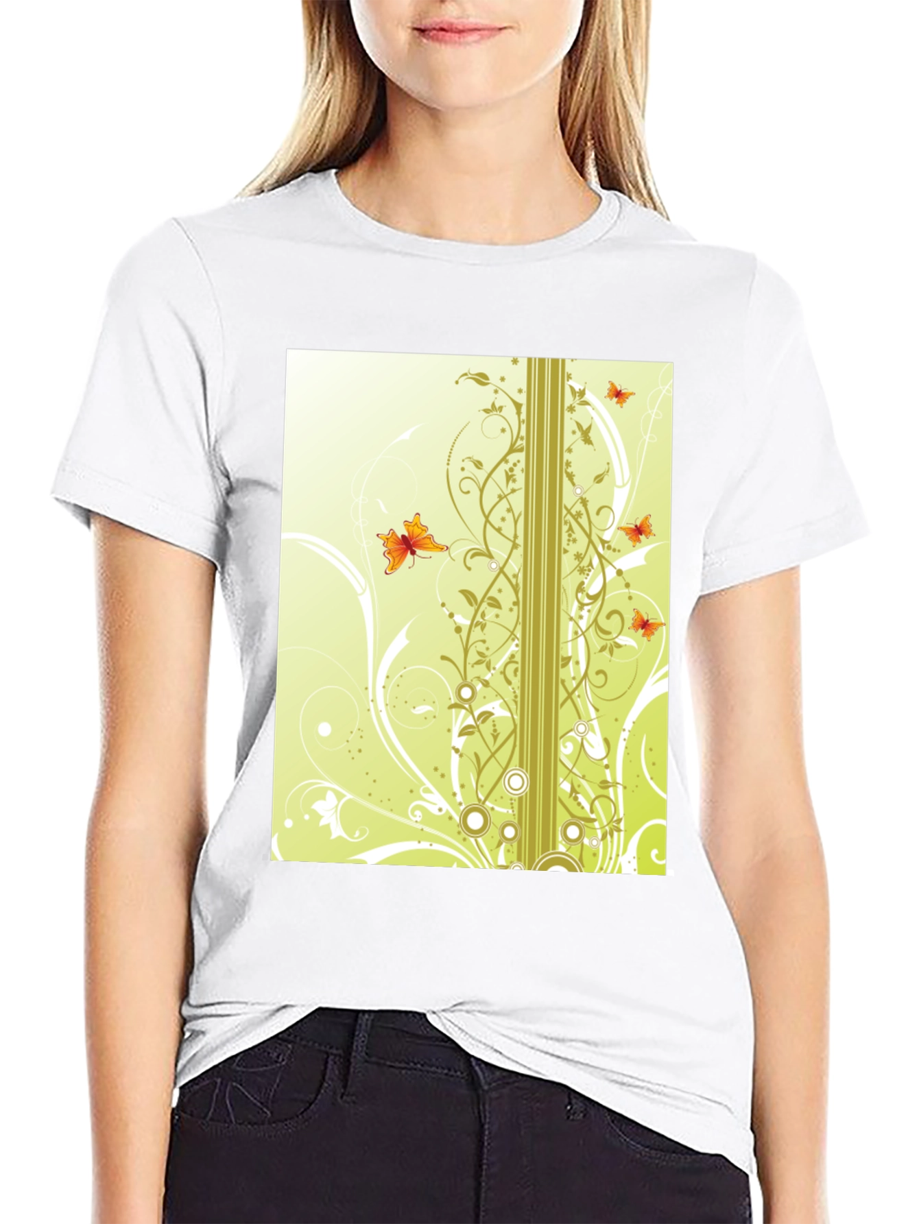 Stylish Black T-Shirt with Butterfly Vine Design