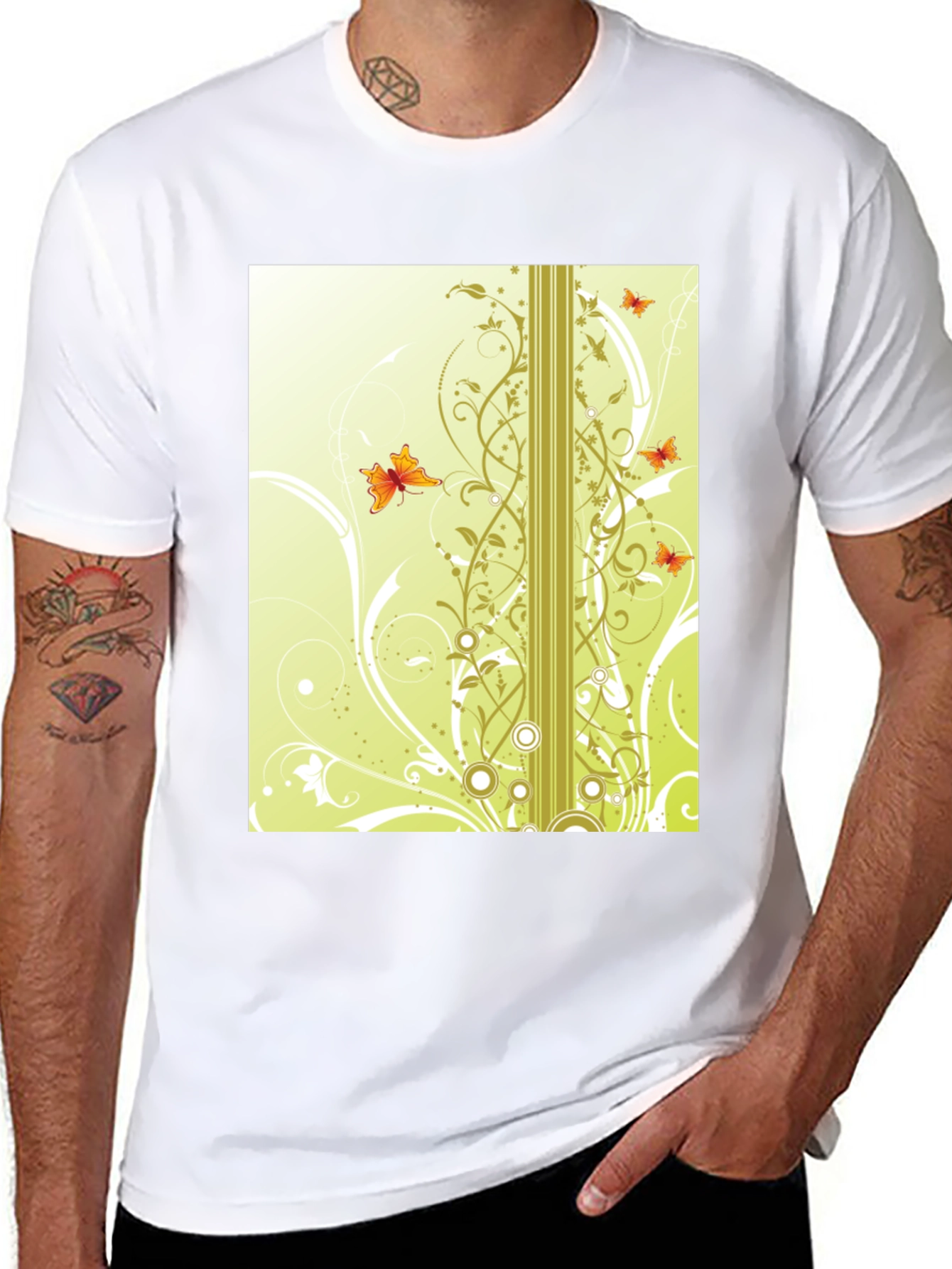 Stylish Black T-Shirt with Butterfly Vine Design