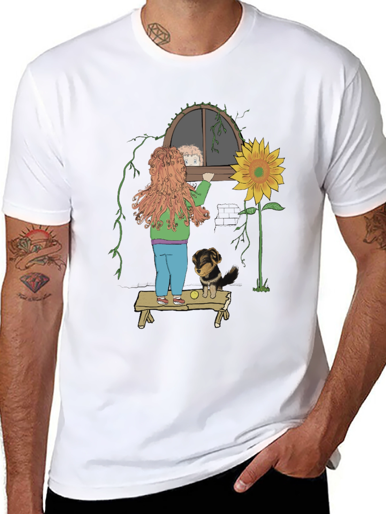 Quirky Graphic Tee: Girl Dog & Sunflower Design
