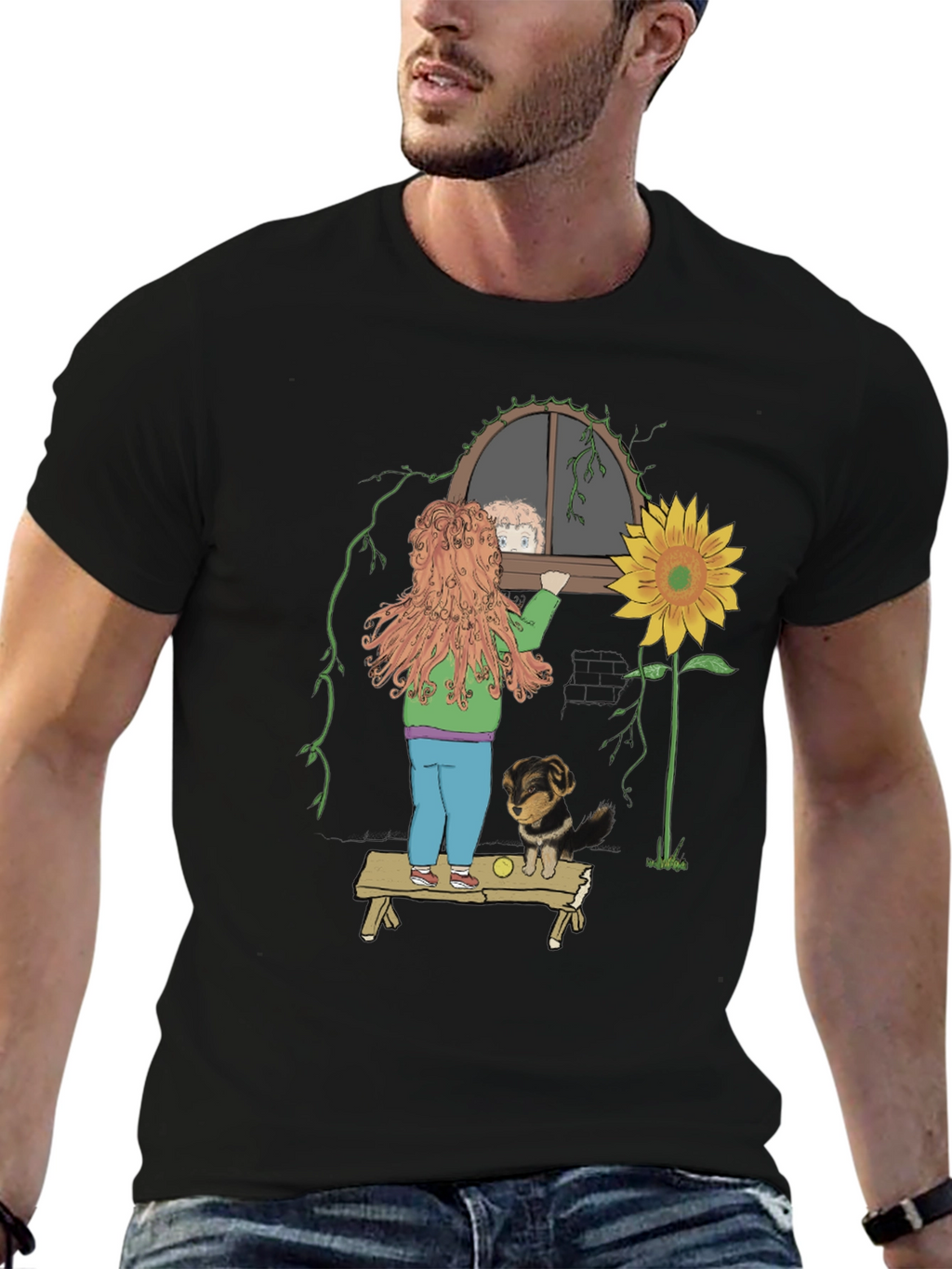 Quirky Graphic Tee: Girl Dog & Sunflower Design