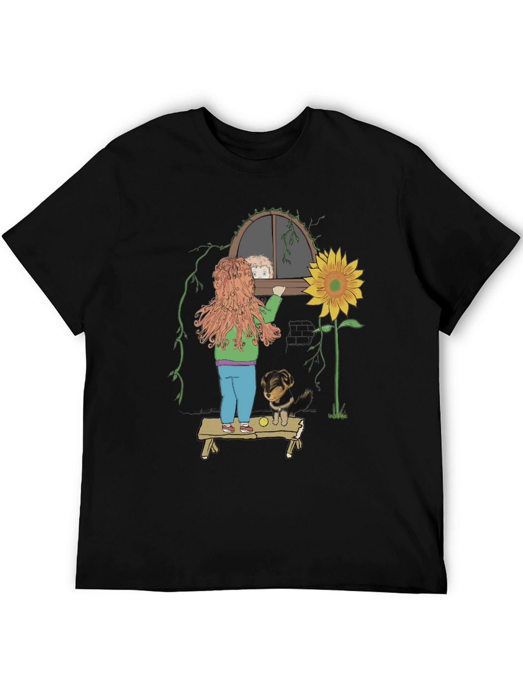 Quirky Graphic Tee: Girl Dog & Sunflower Design