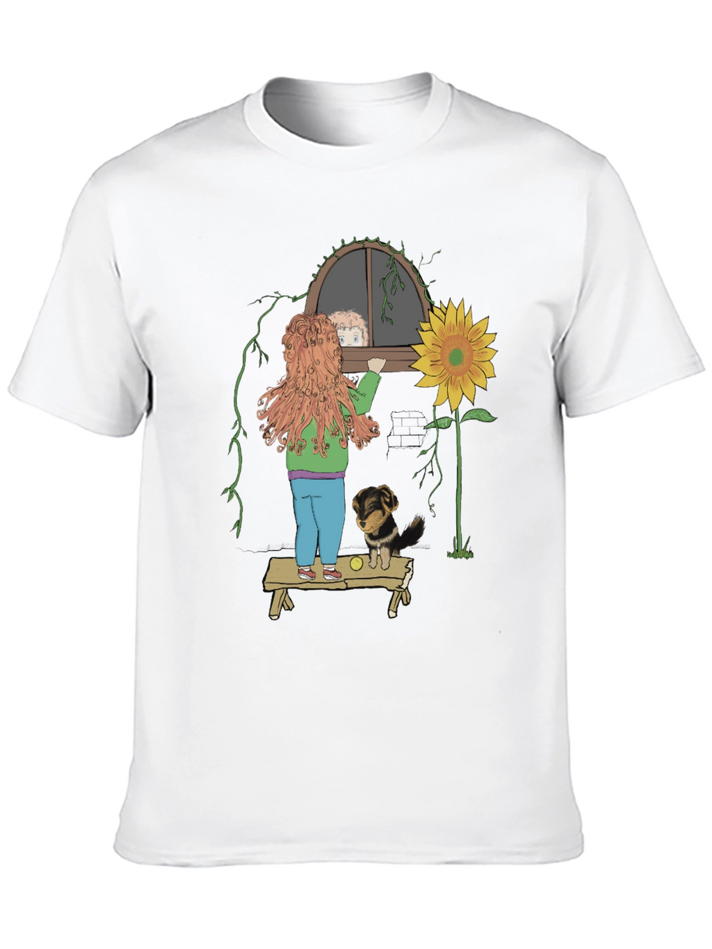 Quirky Graphic Tee: Girl Dog & Sunflower Design
