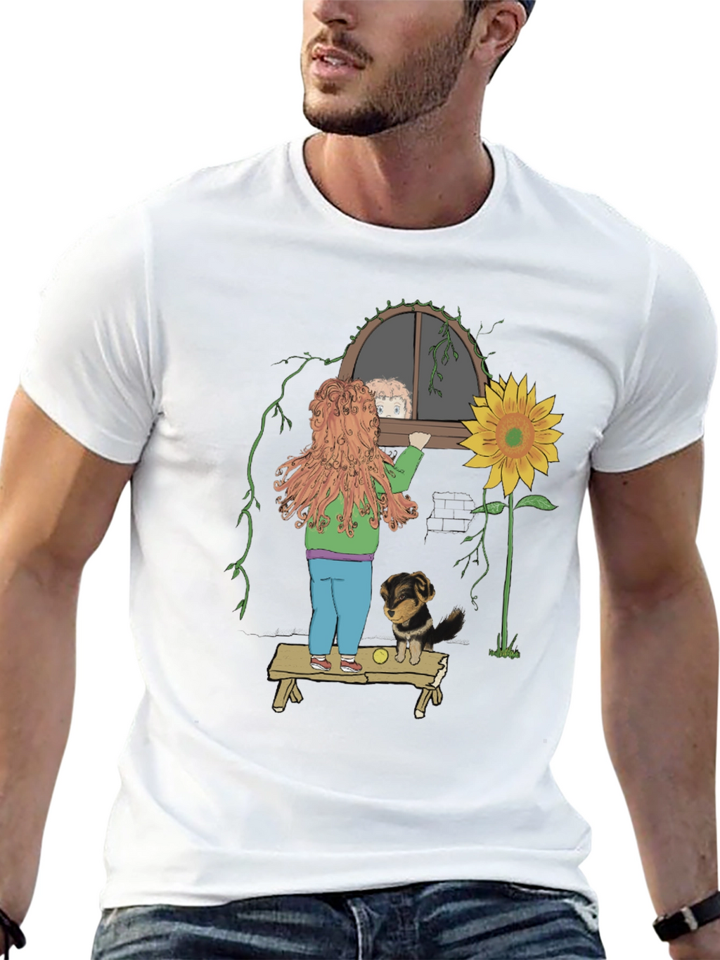 Quirky Graphic Tee: Girl Dog & Sunflower Design