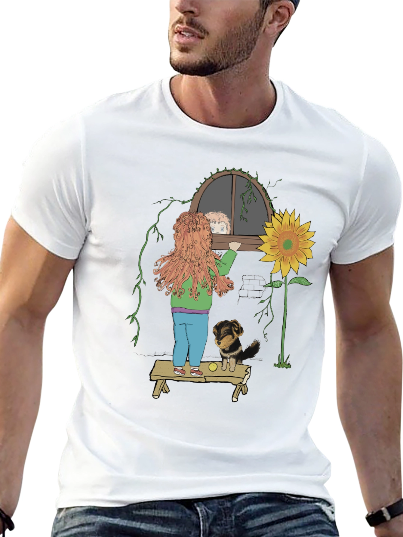 Quirky Graphic Tee: Girl Dog & Sunflower Design