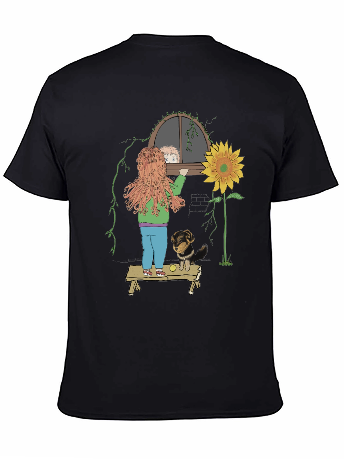 Quirky Graphic Tee: Girl Dog & Sunflower Design