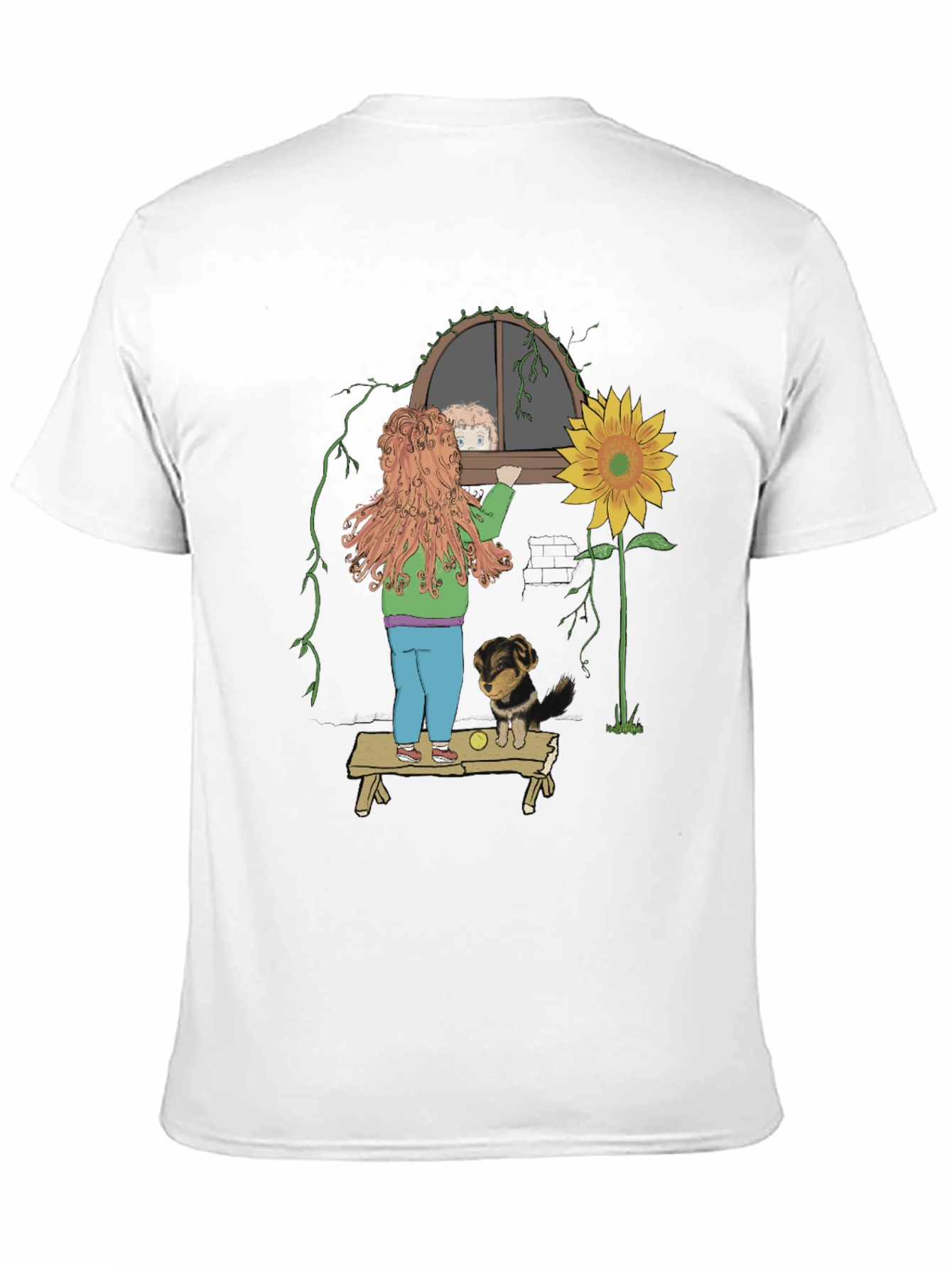 Quirky Graphic Tee: Girl Dog & Sunflower Design
