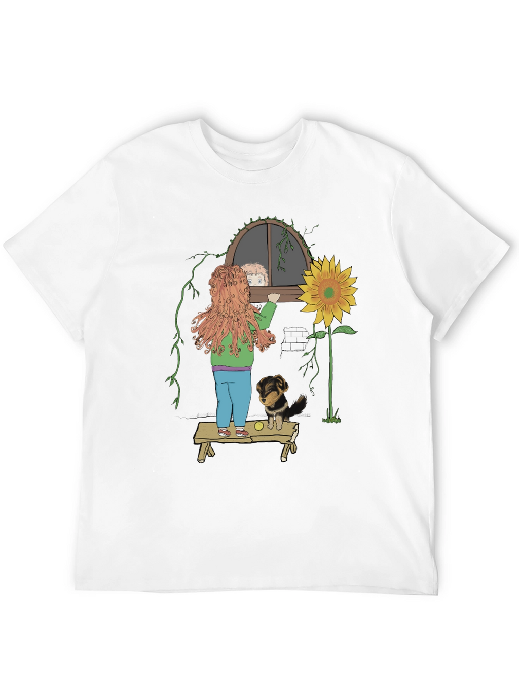 Quirky Graphic Tee: Girl Dog & Sunflower Design