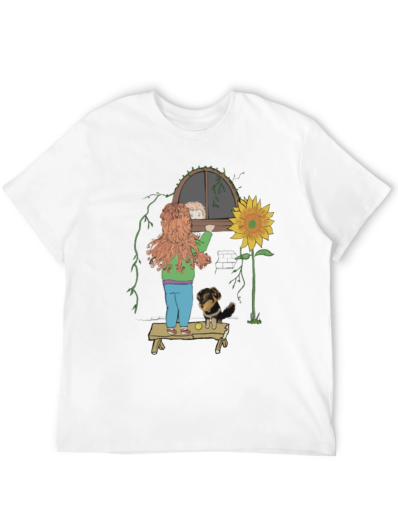 Quirky Graphic Tee: Girl Dog & Sunflower Design