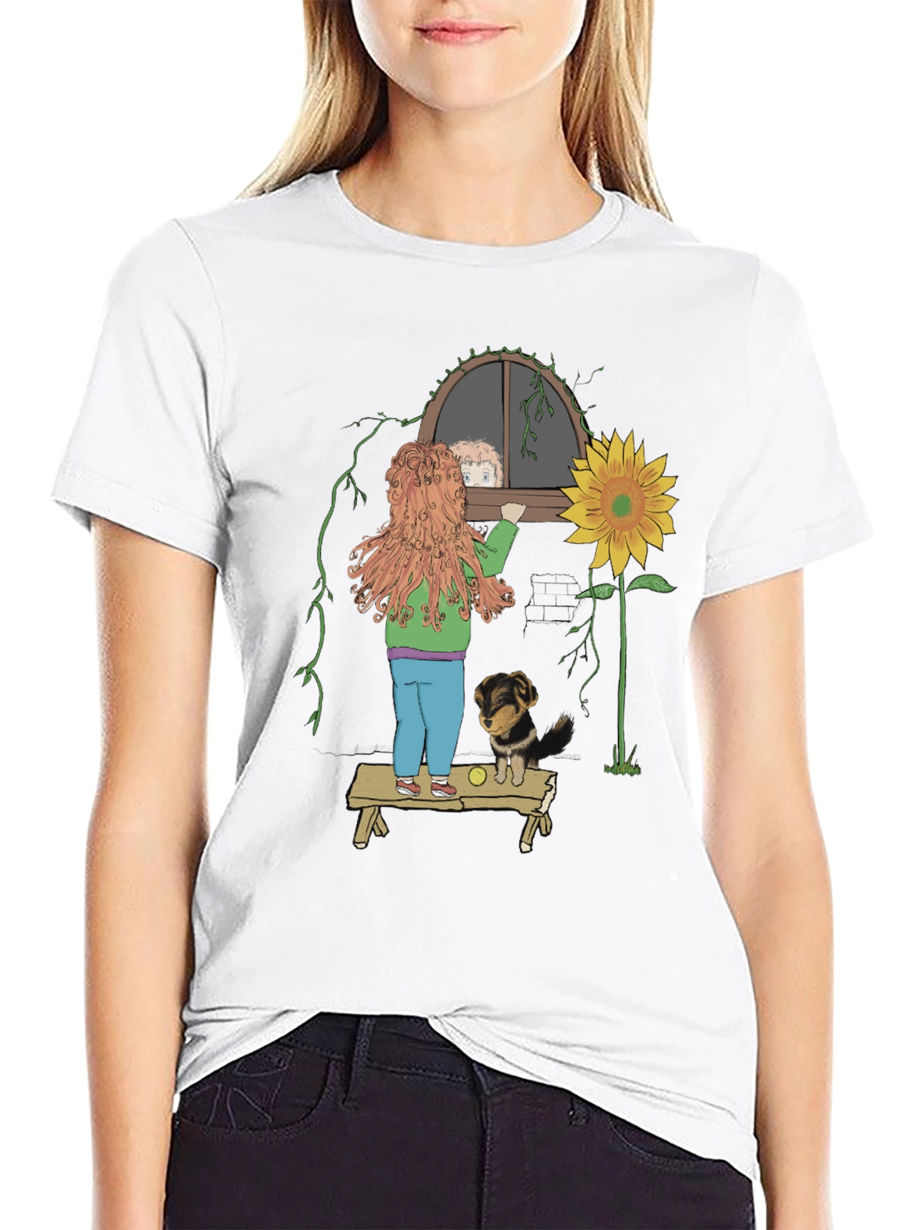 Quirky Graphic Tee: Girl Dog & Sunflower Design