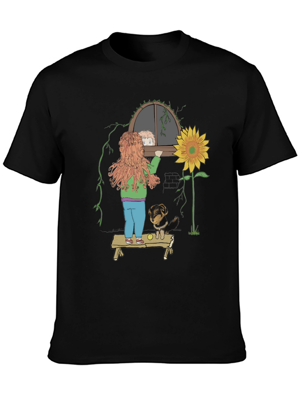 Quirky Graphic Tee: Girl Dog & Sunflower Design