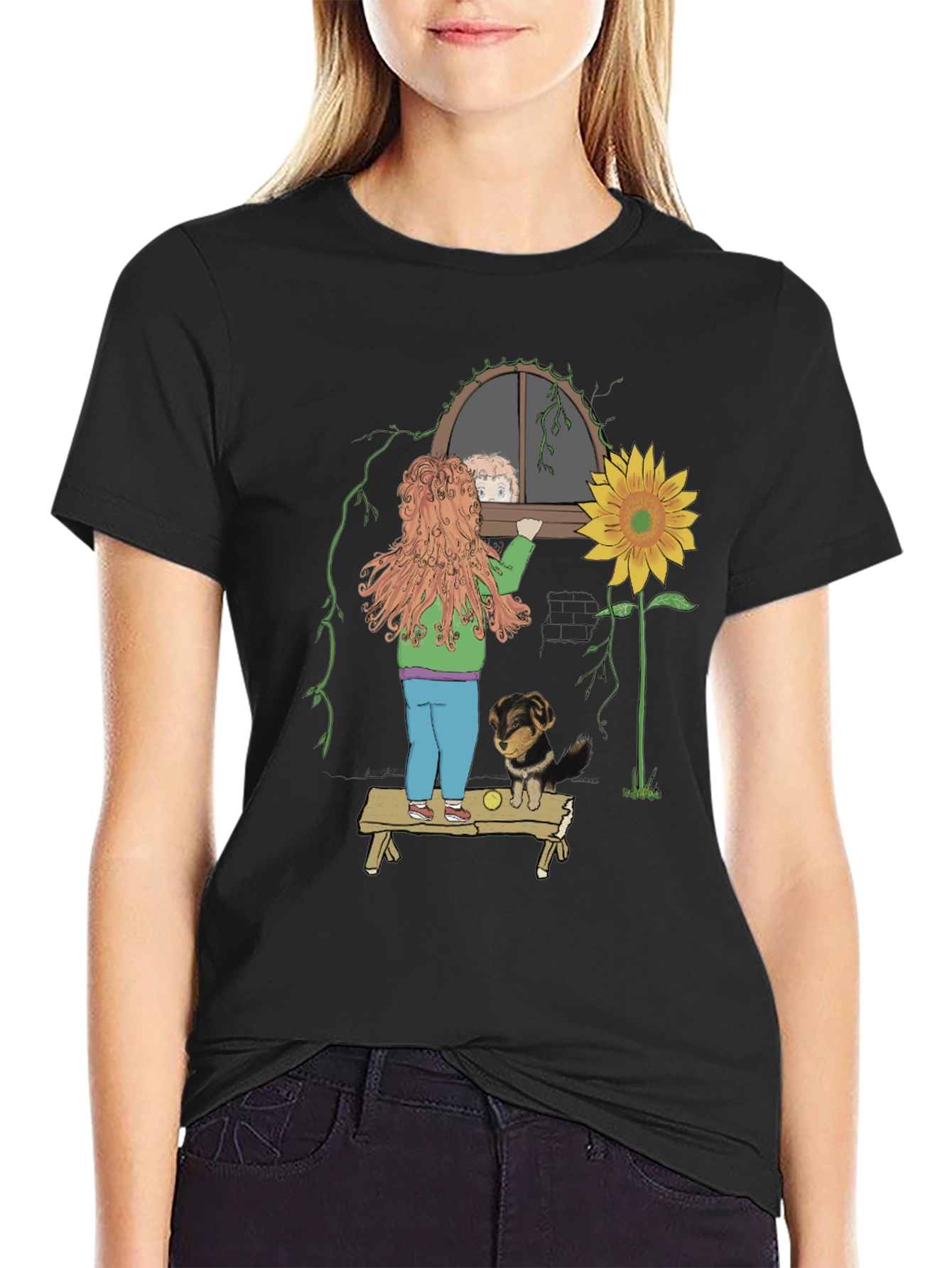 Quirky Graphic Tee: Girl Dog & Sunflower Design