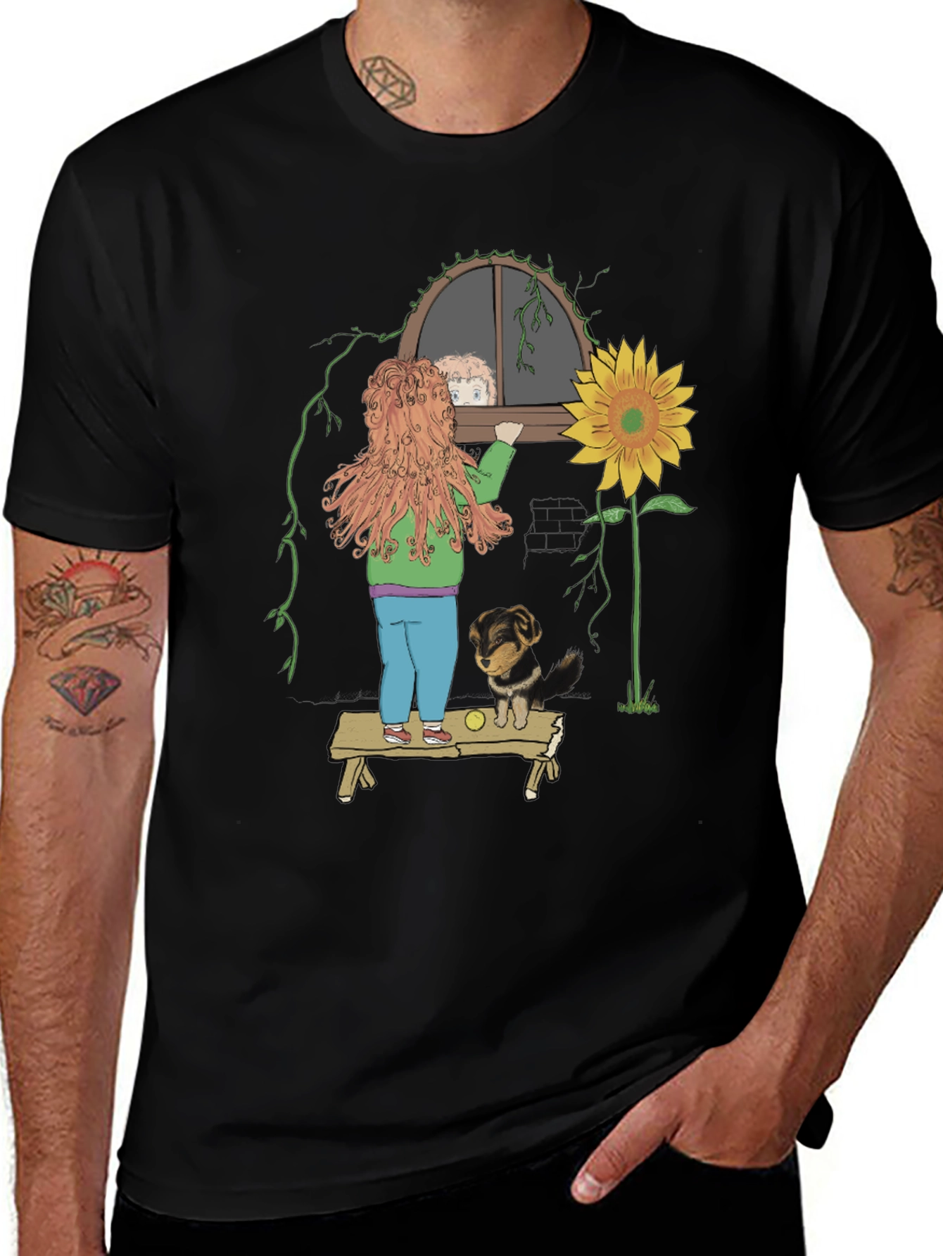 Quirky Graphic Tee: Girl Dog & Sunflower Design