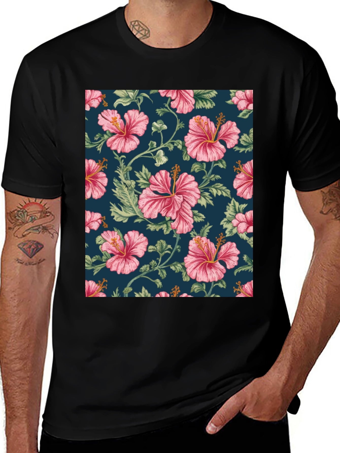 Floral Hibiscus Print Black T-Shirt