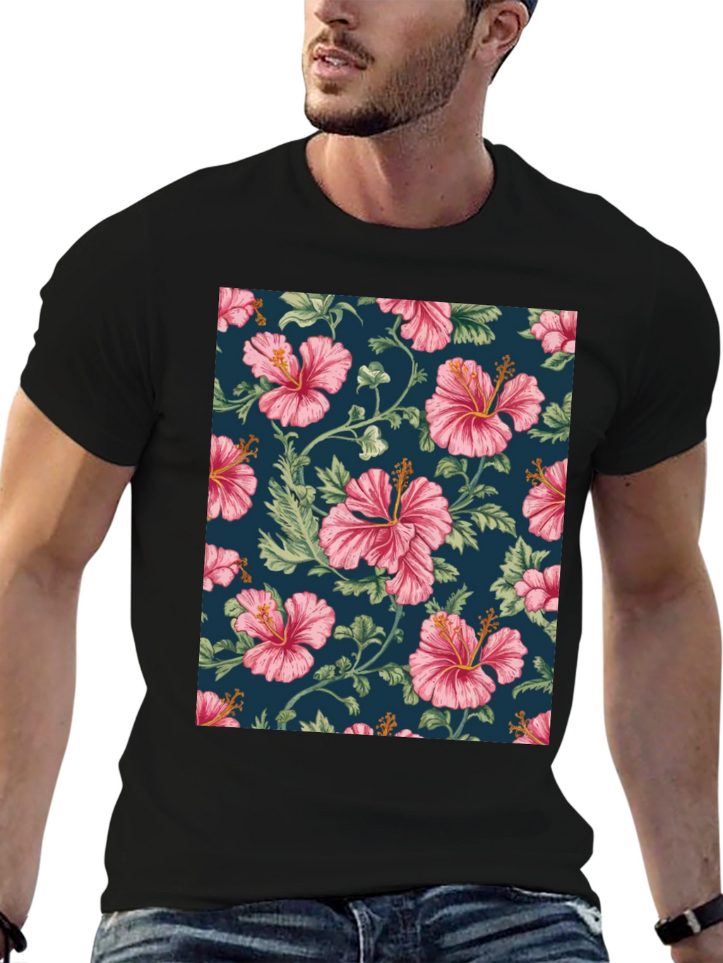 Floral Hibiscus Print Black T-Shirt