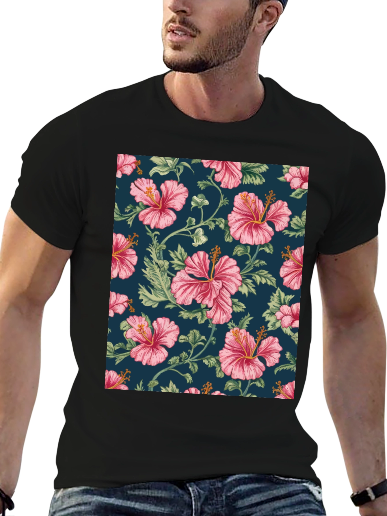 Floral Hibiscus Print Black T-Shirt