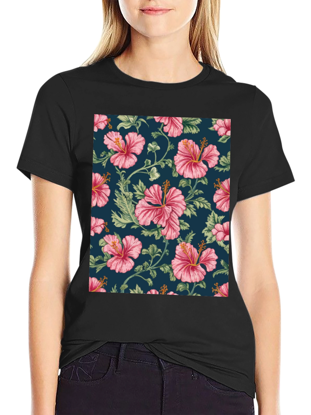 Floral Hibiscus Print Black T-Shirt