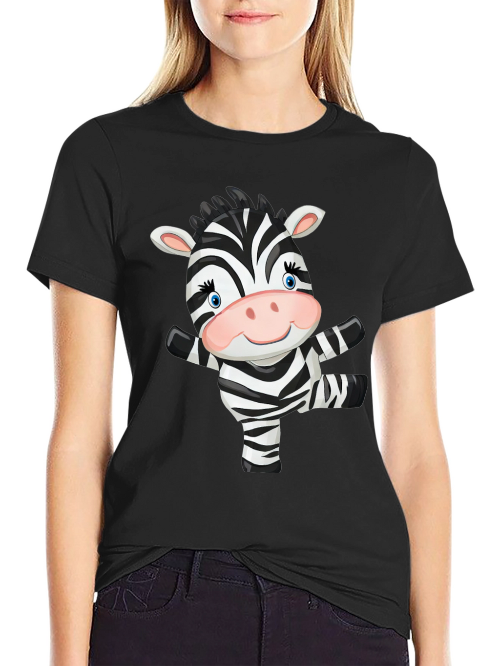 Zebra Cartoon Black T-Shirt