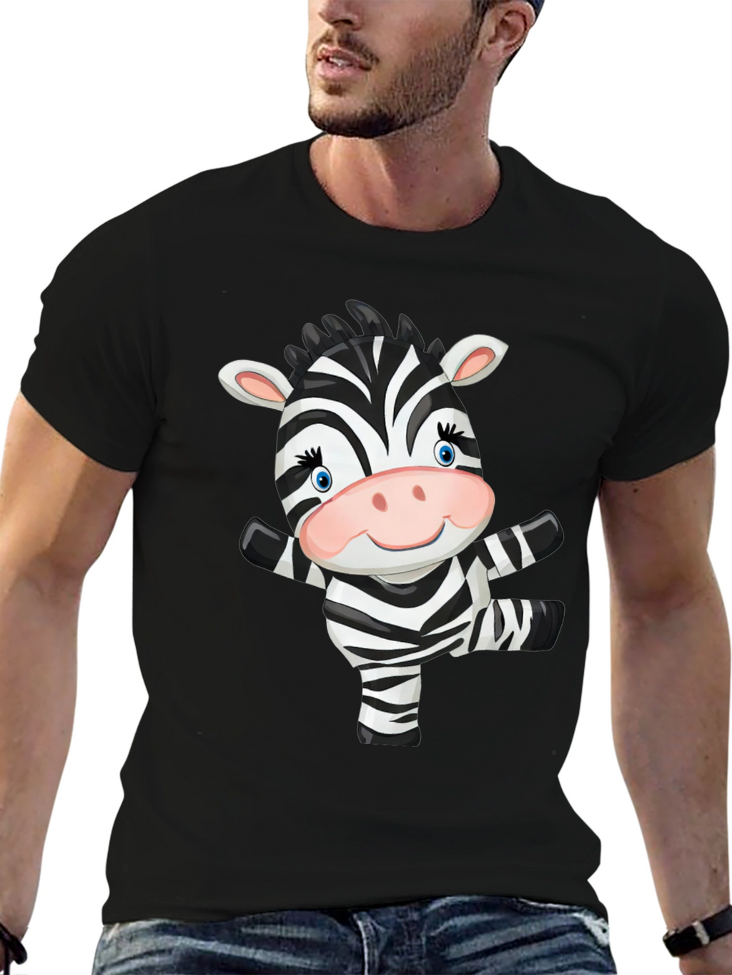 Zebra Cartoon Black T-Shirt
