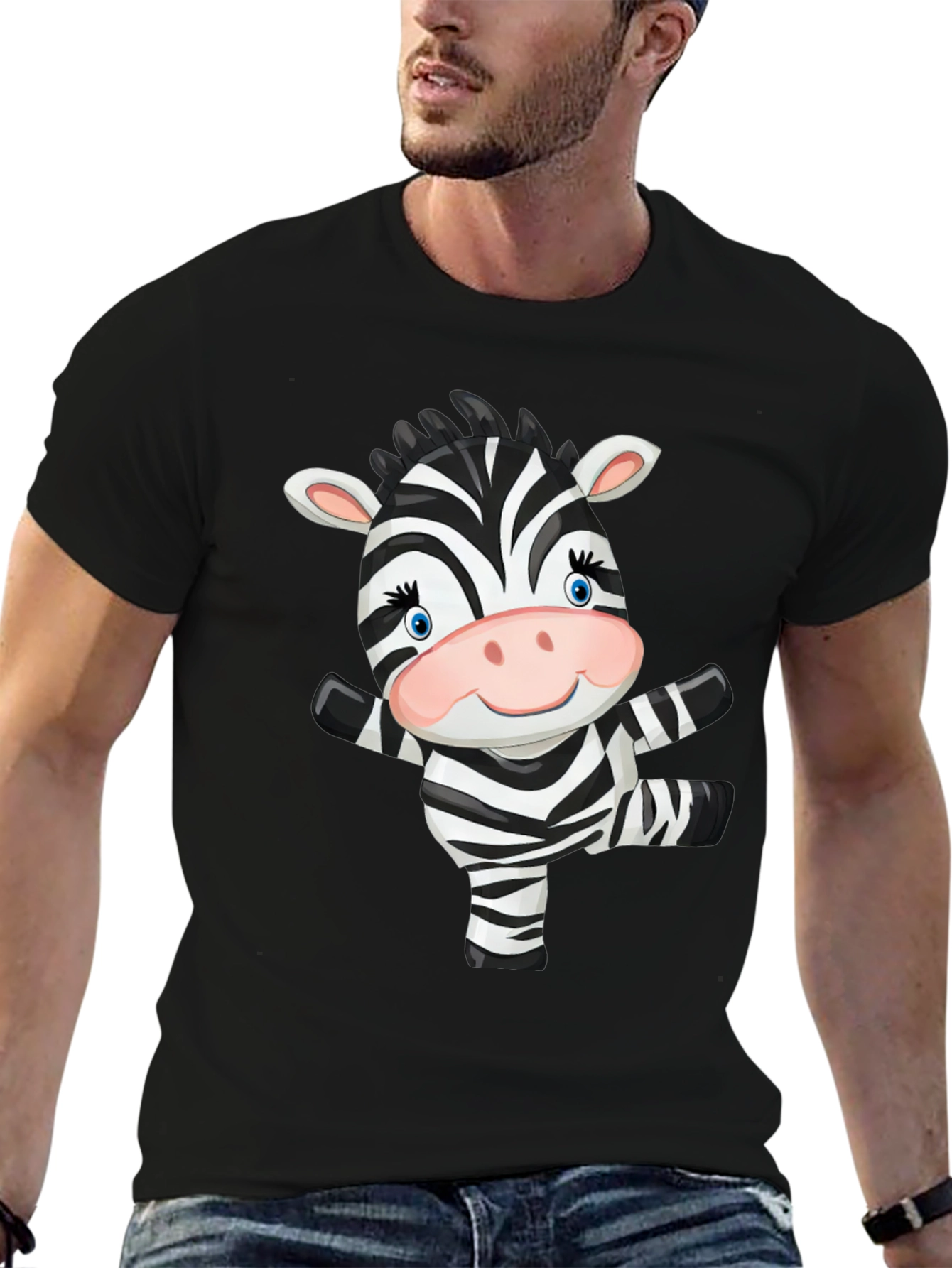 Zebra Cartoon Black T-Shirt