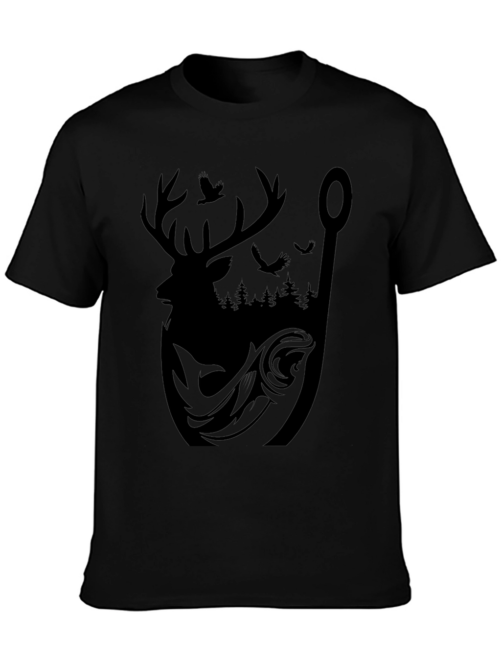 Mens Graphic Tee: Deer Fish and Forest Design