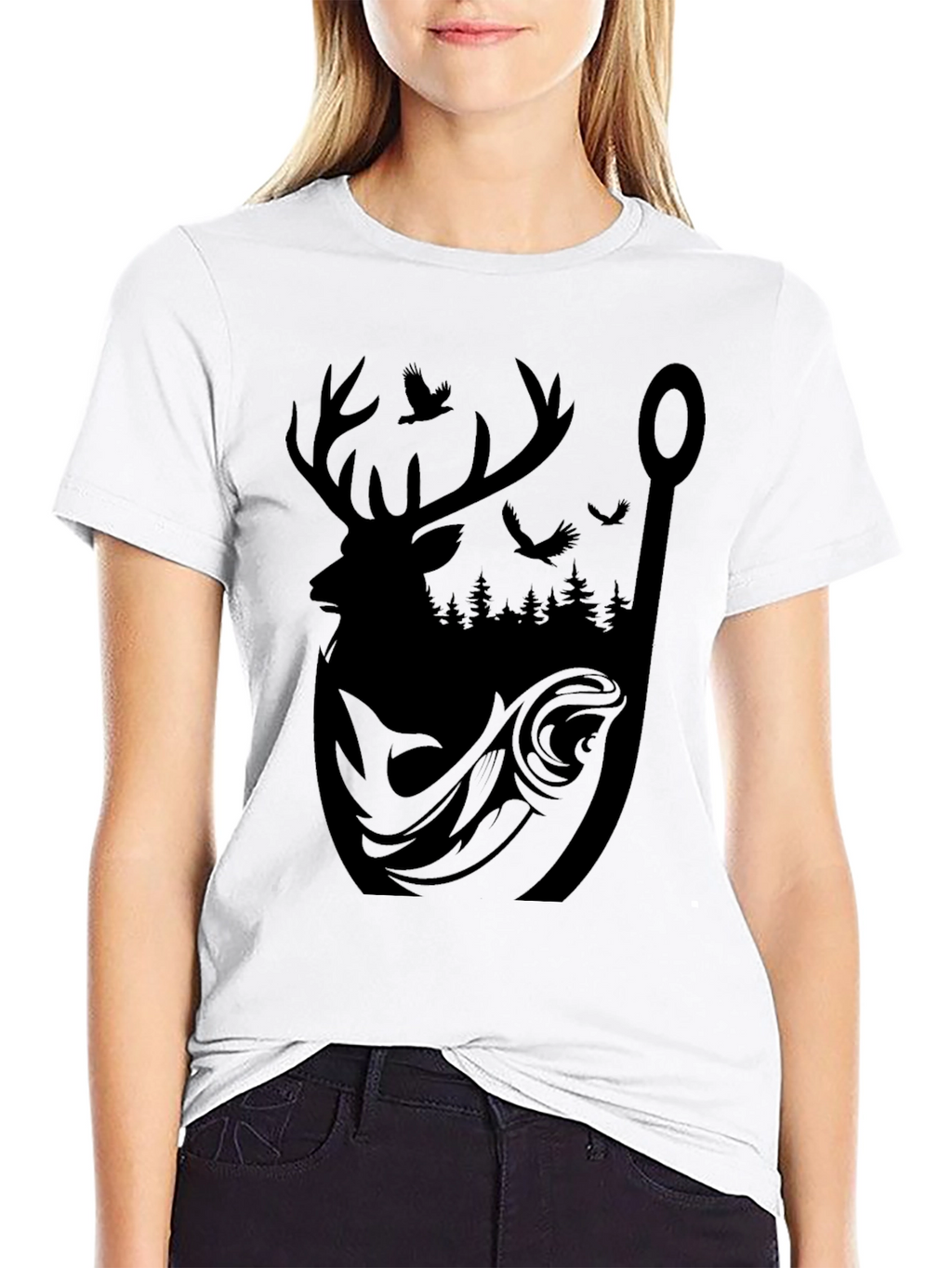 Mens Graphic Tee: Deer Fish and Forest Design