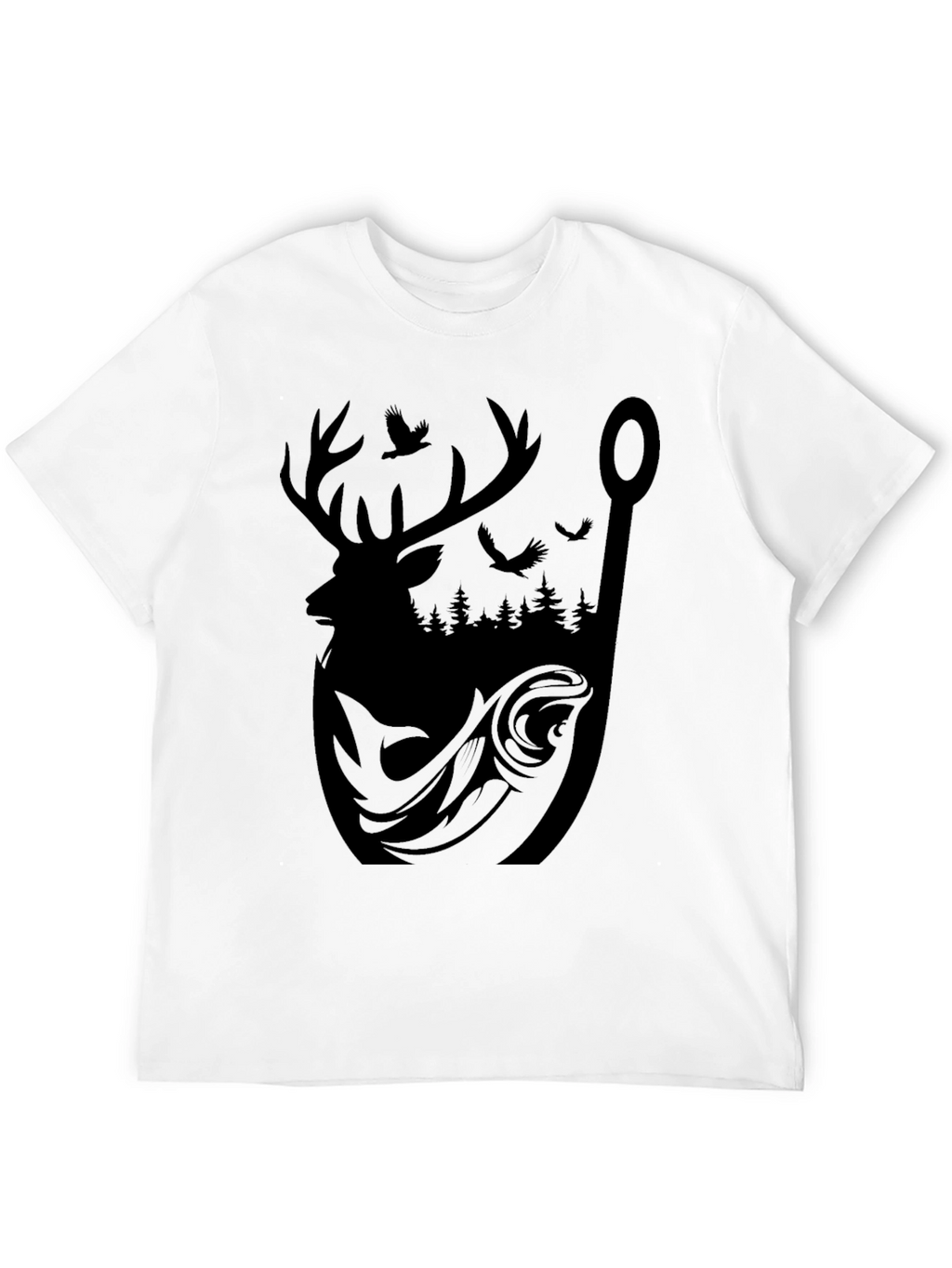 Mens Graphic Tee: Deer Fish and Forest Design