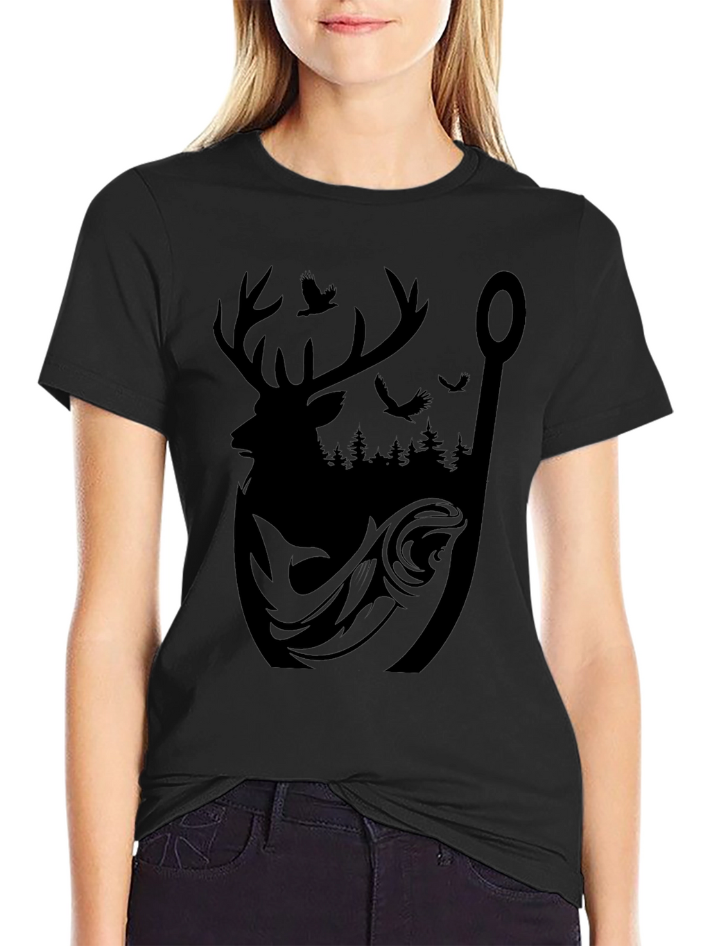 Mens Graphic Tee: Deer Fish and Forest Design