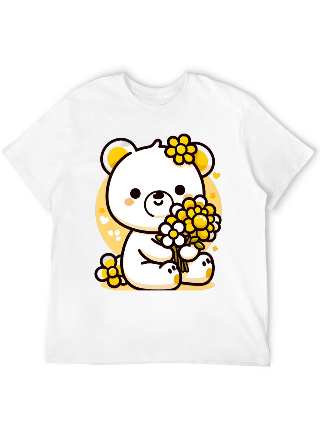 Cute Bear with Flowers Black T-Shirt