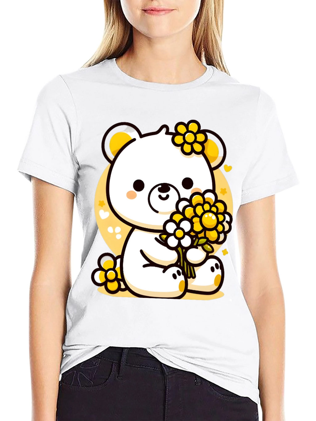 Cute Bear with Flowers Black T-Shirt