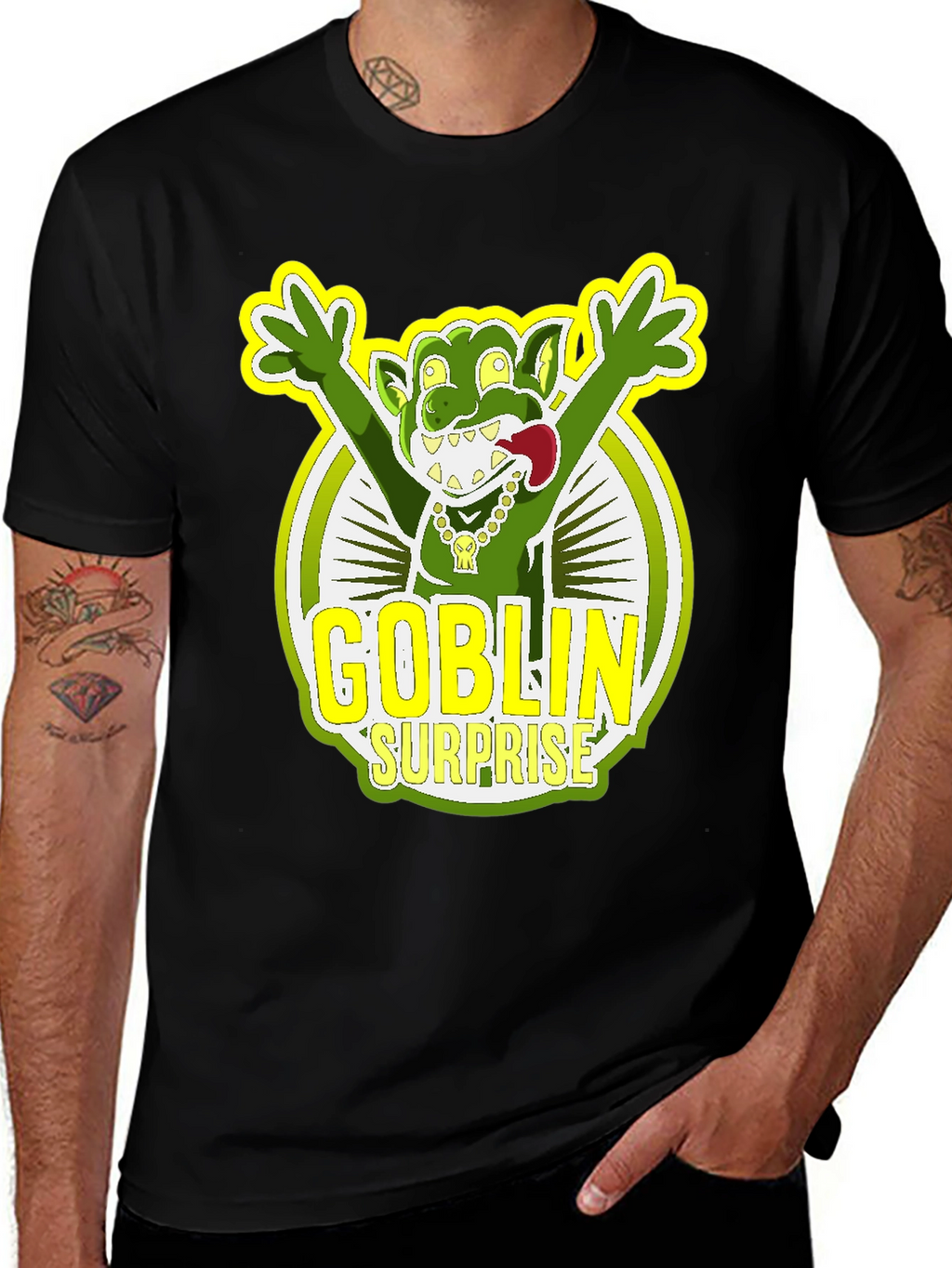Goblin Surprise Graphic Tee - Black Crew Neck T-Shirt