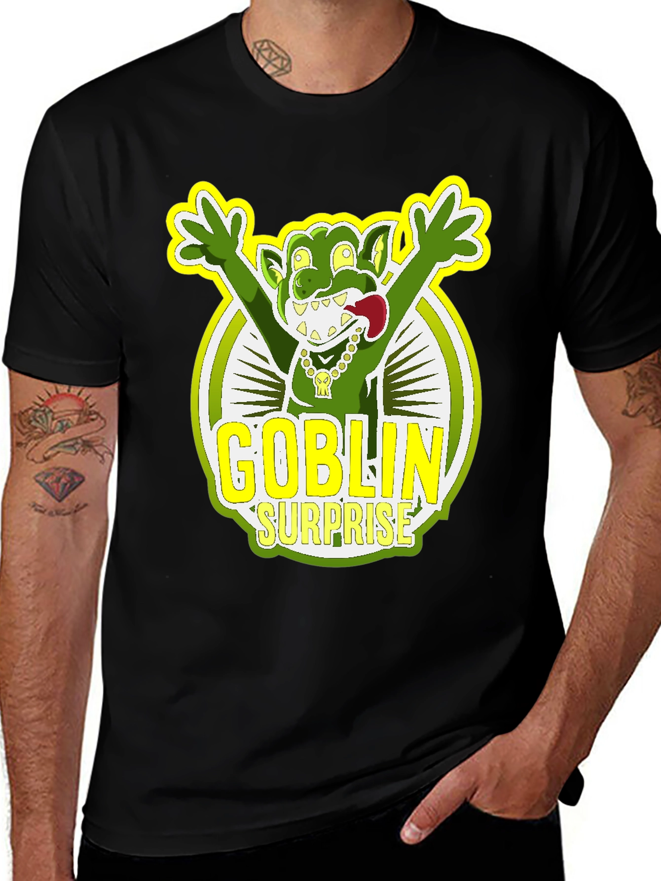 Goblin Surprise Graphic Tee - Black Crew Neck T-Shirt