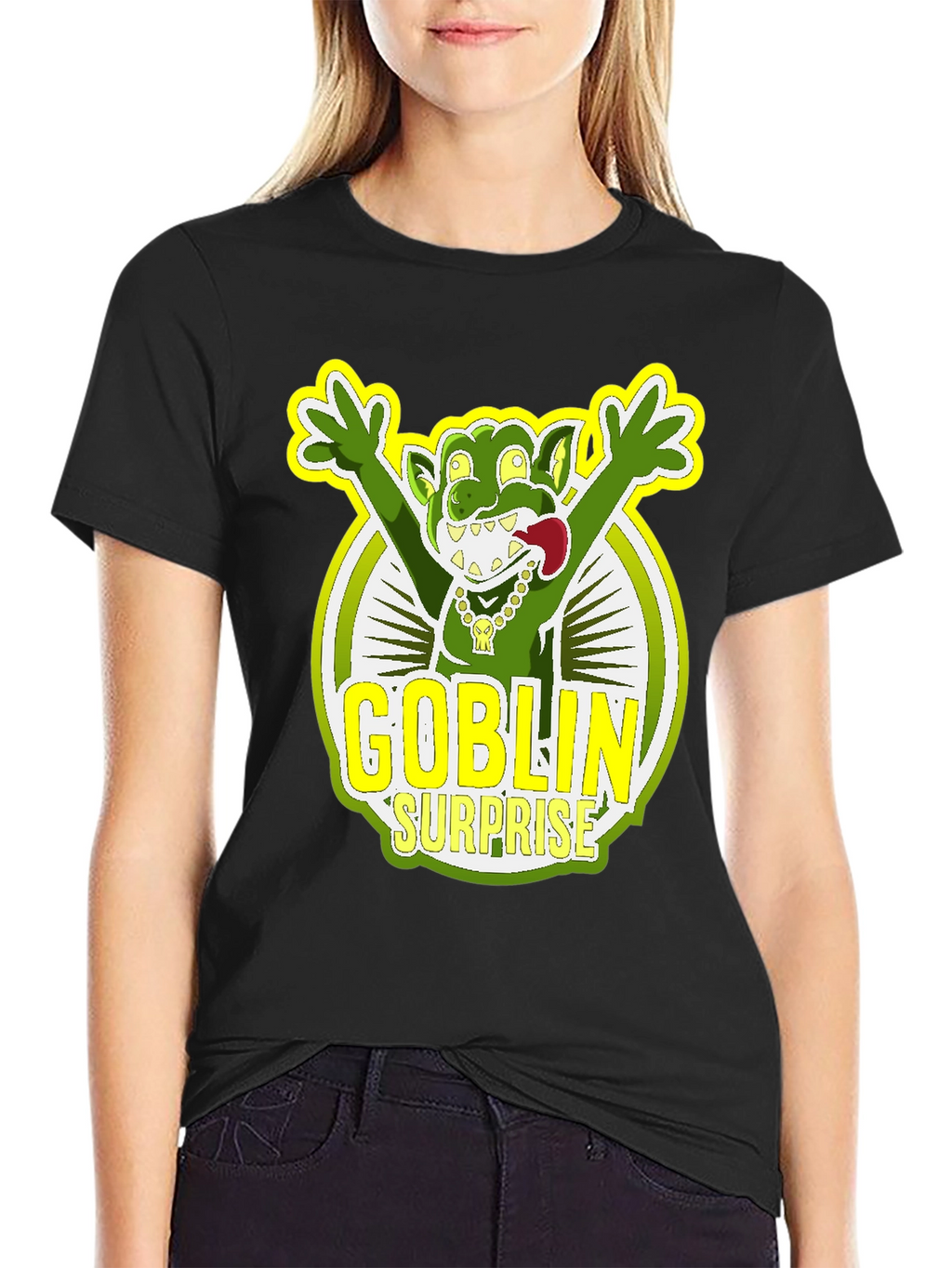 Goblin Surprise Graphic Tee - Black Crew Neck T-Shirt