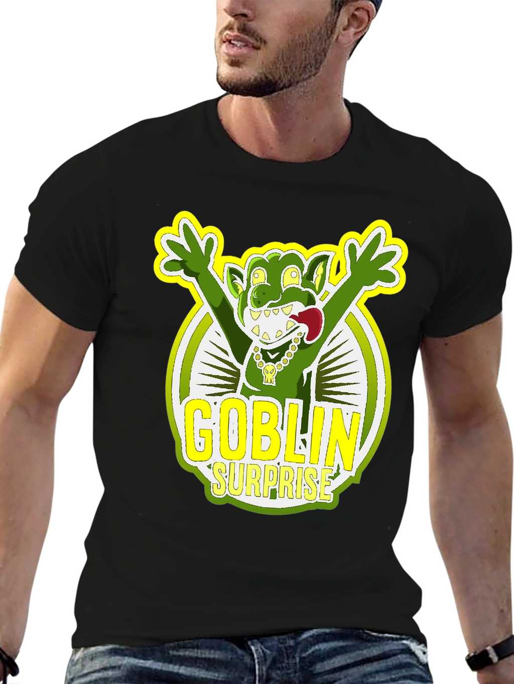 Goblin Surprise Graphic Tee - Black Crew Neck T-Shirt