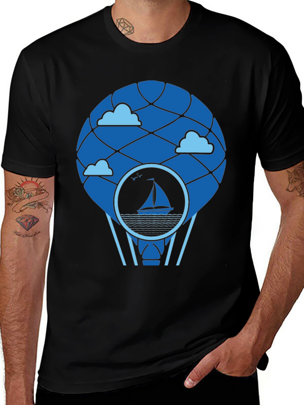Sailboat Hot Air Balloon T-Shirt - Black