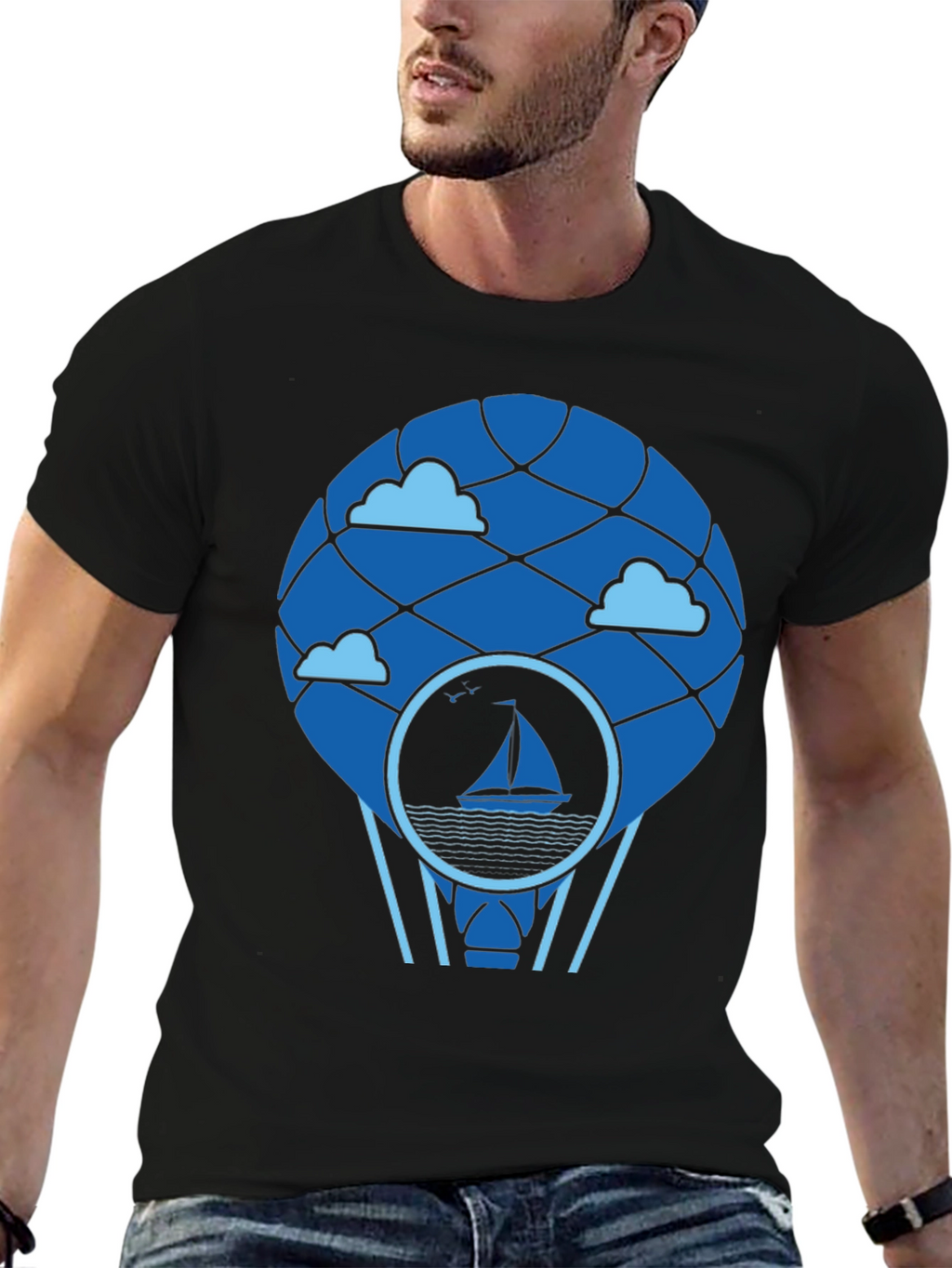Sailboat Hot Air Balloon T-Shirt - Black