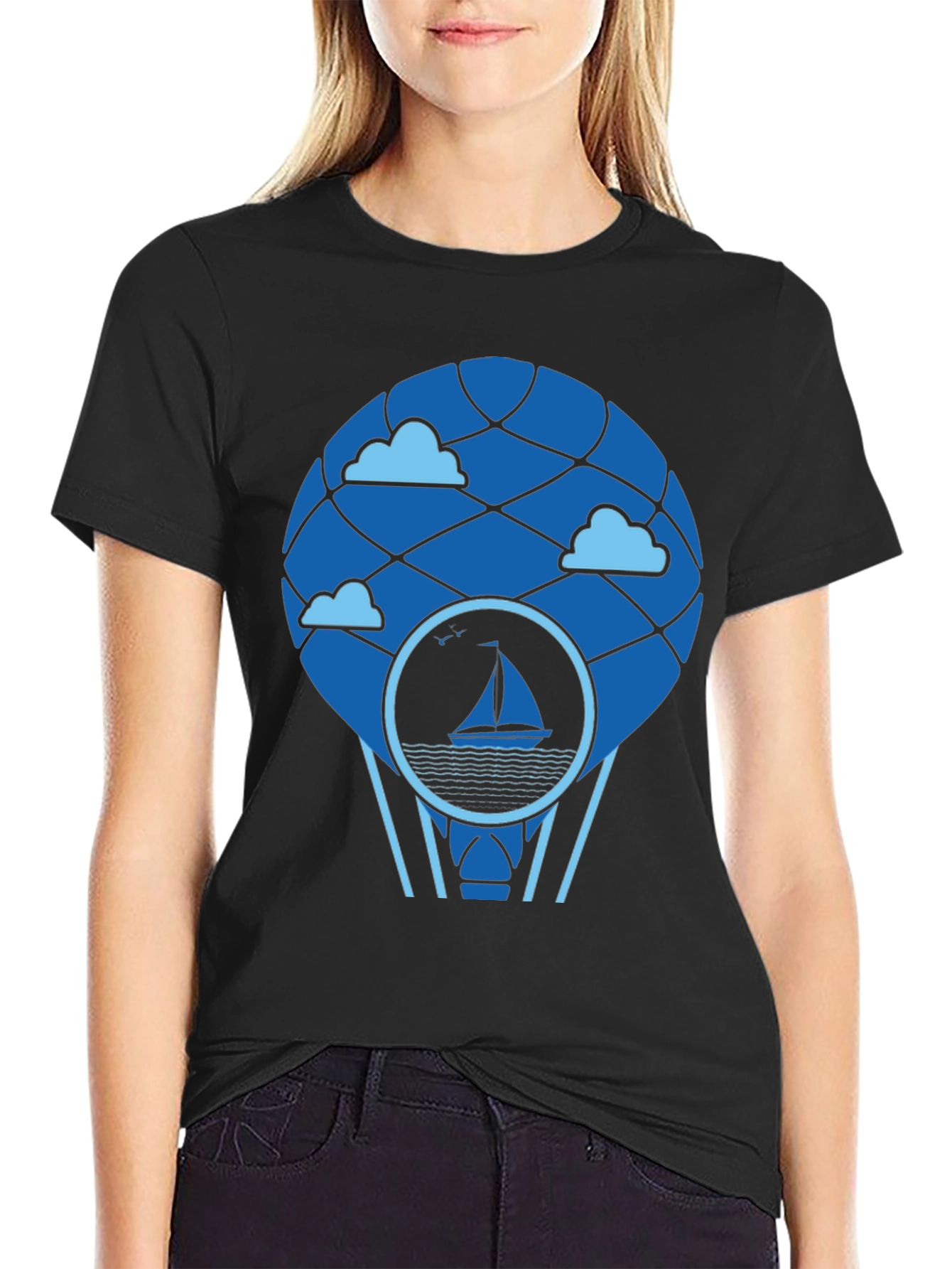 Sailboat Hot Air Balloon T-Shirt - Black