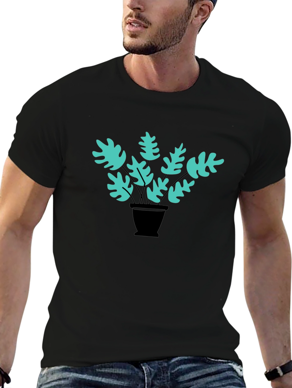 Stylish Black Tee with Teal Plant Graphic