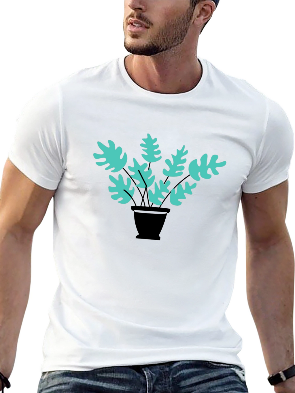 Stylish Black Tee with Teal Plant Graphic