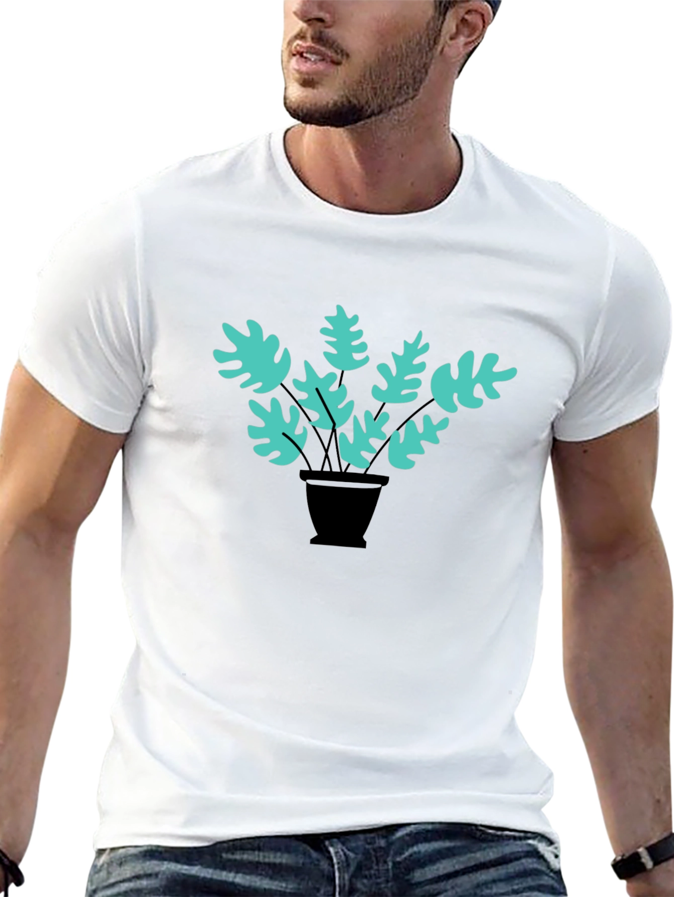 Stylish Black Tee with Teal Plant Graphic