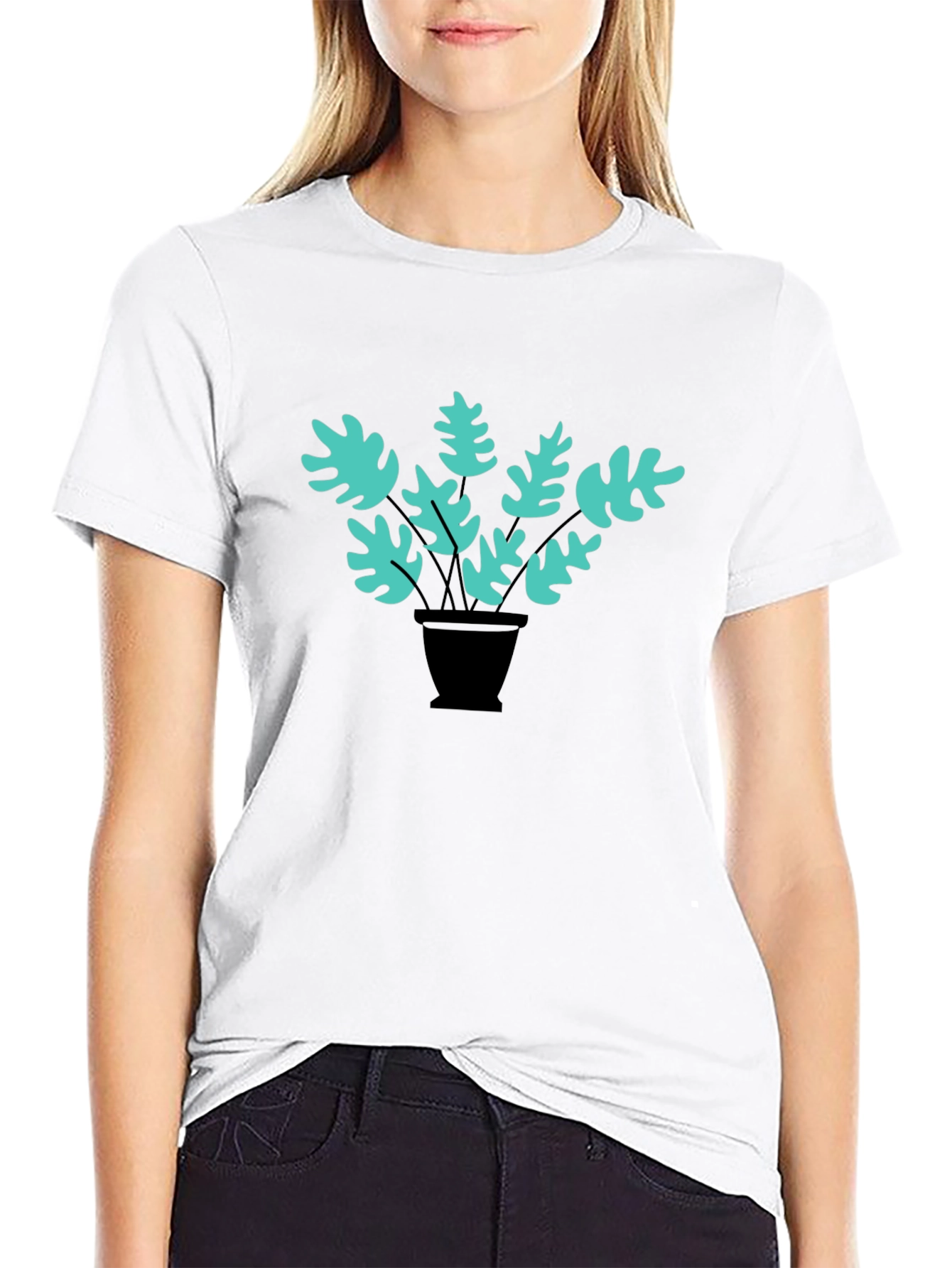 Stylish Black Tee with Teal Plant Graphic