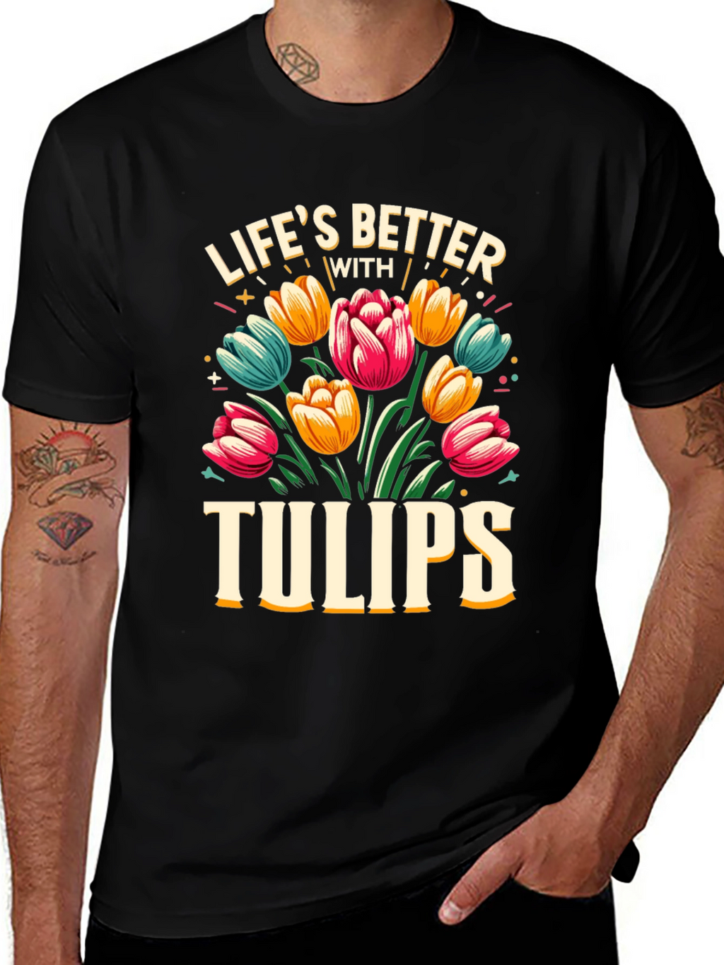 Lifes Better with Tulips Black T-Shirt
