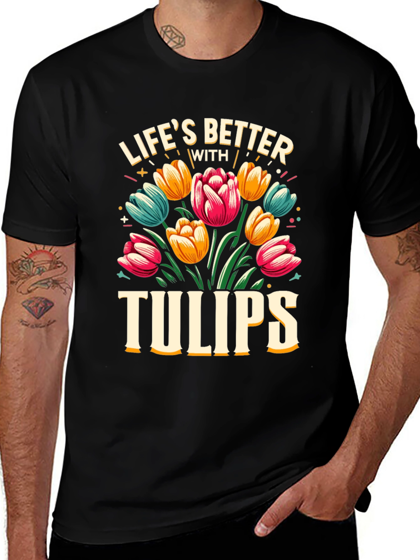 Lifes Better with Tulips Black T-Shirt