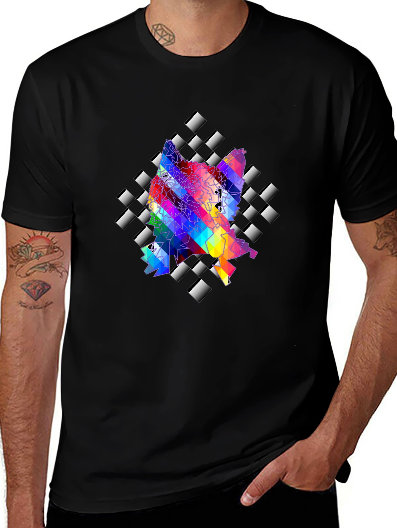 Geometric Wolf Graphic Tee - Stylish Mens Black T-Shirt