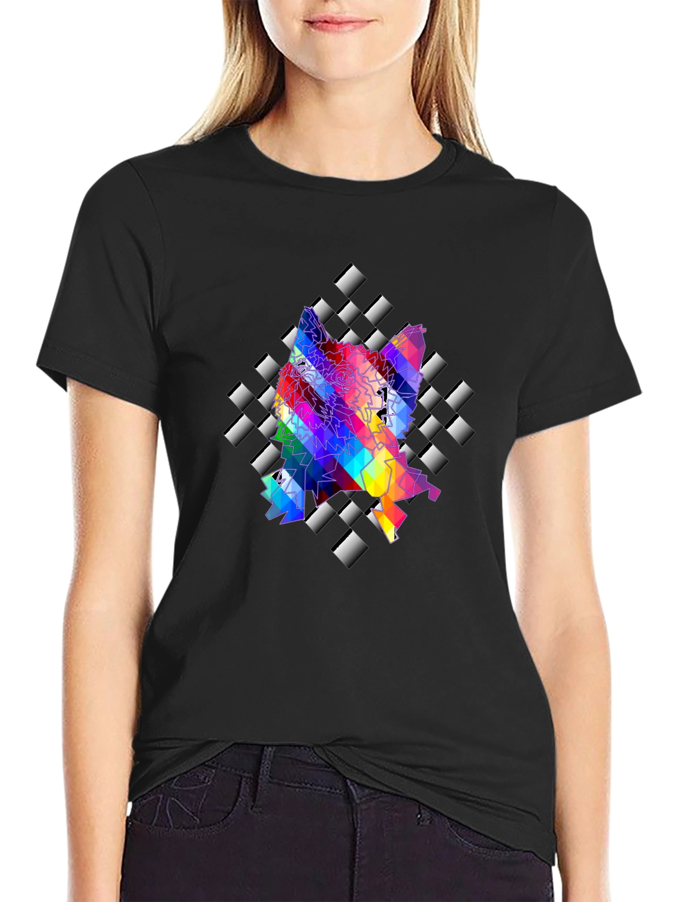 Geometric Wolf Graphic Tee - Stylish Mens Black T-Shirt