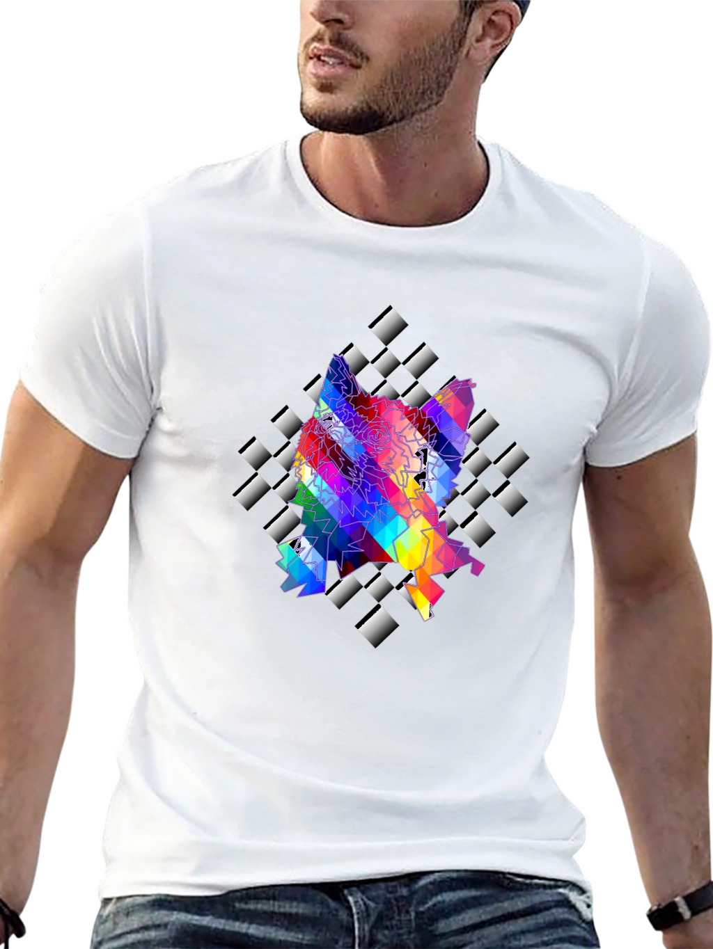 Geometric Wolf Graphic Tee - Stylish Mens Black T-Shirt