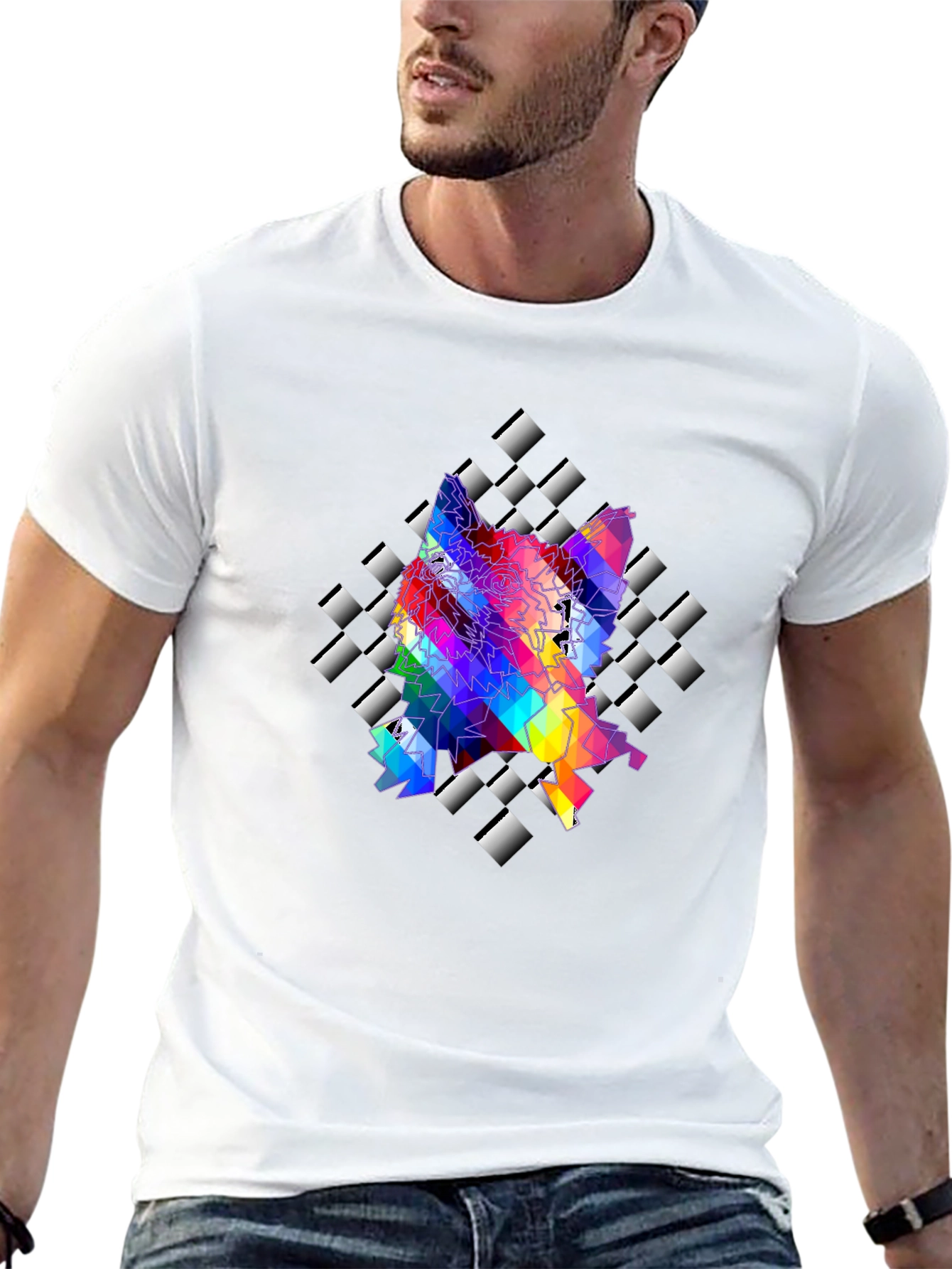 Geometric Wolf Graphic Tee - Stylish Mens Black T-Shirt