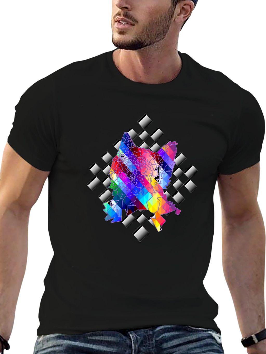 Geometric Wolf Graphic Tee - Stylish Mens Black T-Shirt