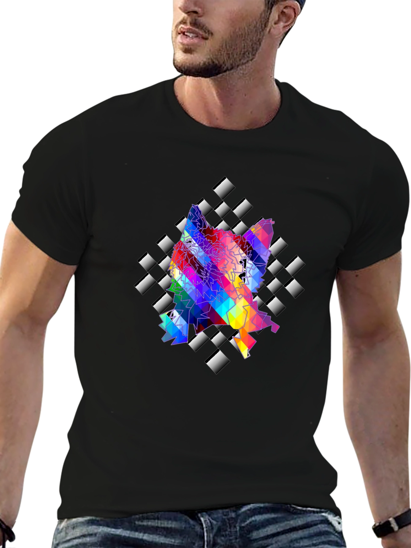 Geometric Wolf Graphic Tee - Stylish Mens Black T-Shirt